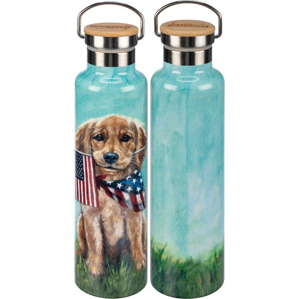 Insulated Stainless Steel Water Bottle Tumbler Patriotic Dog Puppy Summer 25 oz